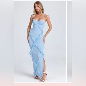 Plissé Ruffle-Trim Maxi Dress in Powder Blue